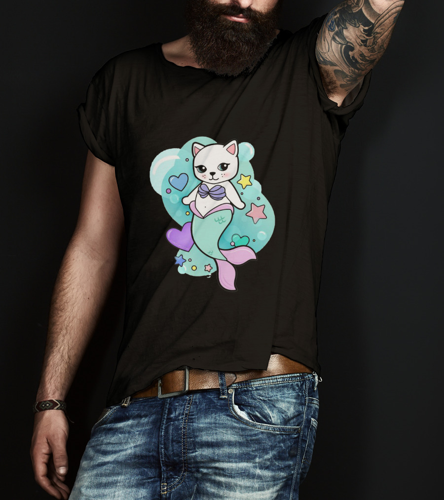 Barbiecore Pretty Purrmaid Pastel Cute Cat Mermaid Bubbles Hearts Stars T-Shirt