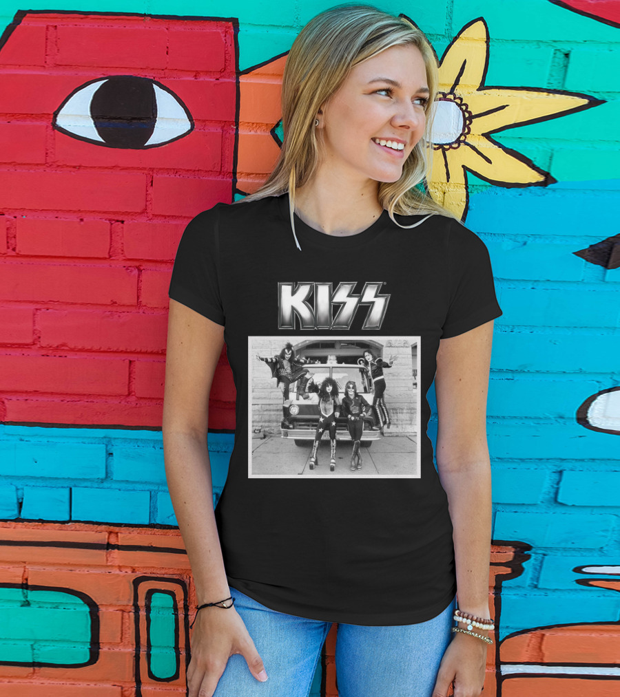 KISS Band On Cadillac With Logo Black And White Photograph T-Shirt