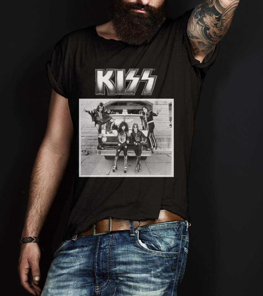 KISS Band On Cadillac With Logo Black And White Photograph T-Shirt