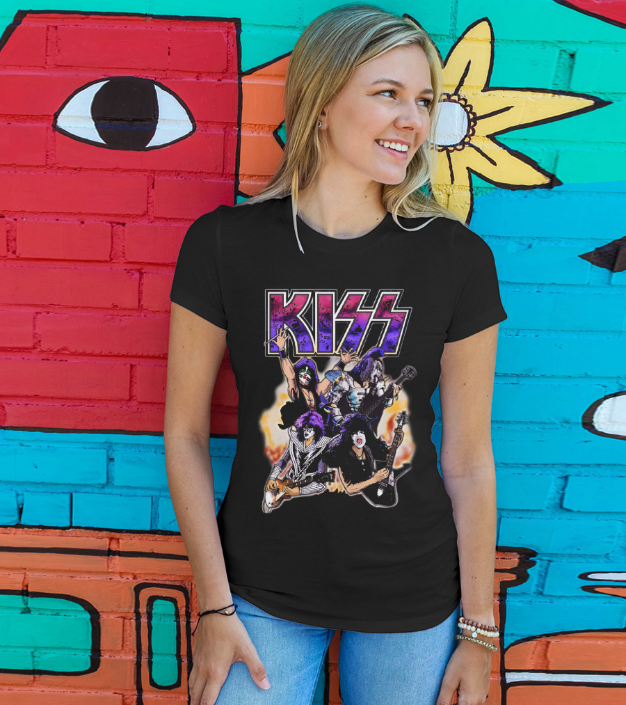 KISS Band Cartoon Graphic With Fire Background T-Shirt
