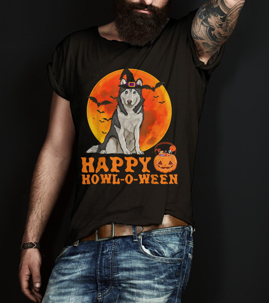 Halloween Siberian Husky Dog Happy Howl-O-Ween Pumpkin Moon Bats T-Shirt