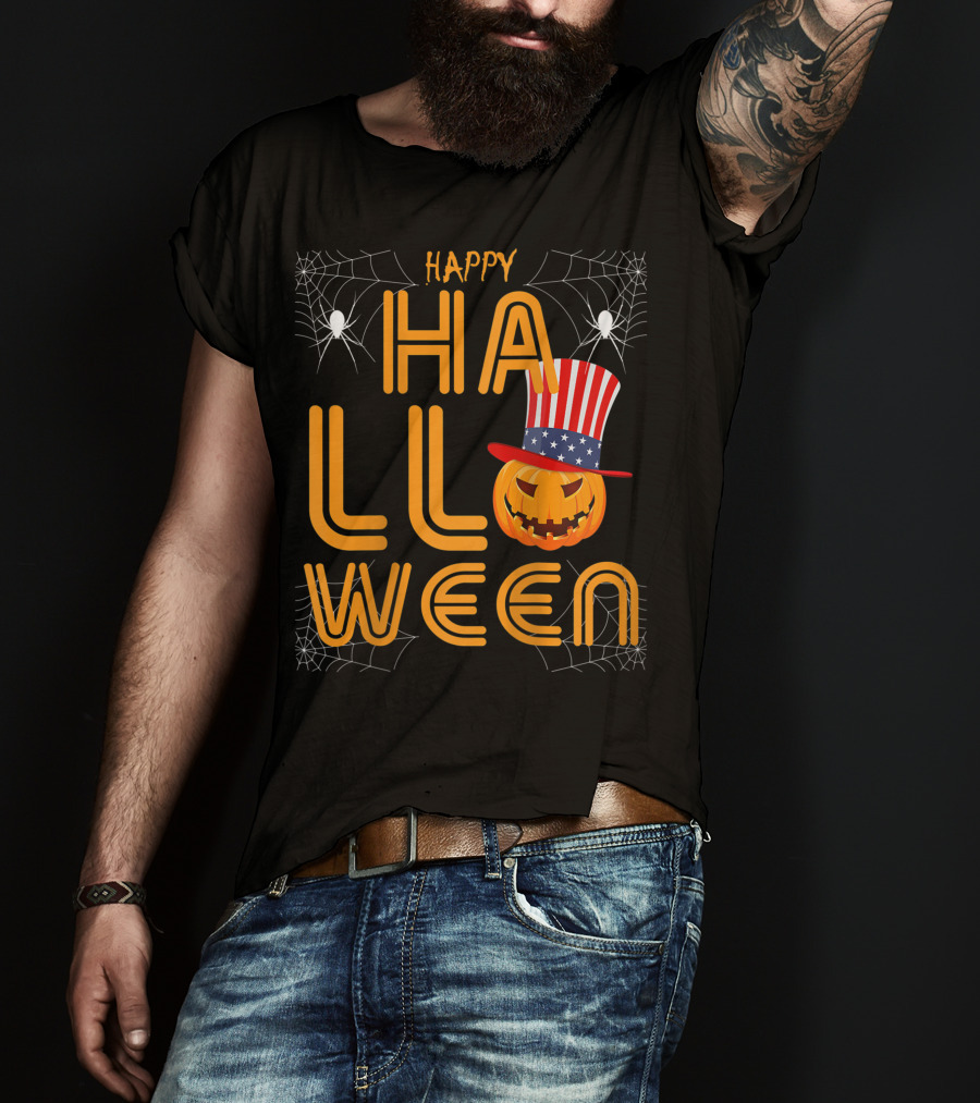 Happy Halloween Funny Orange Pumpkin American Flag Hat With Spider Webs T-Shirt
