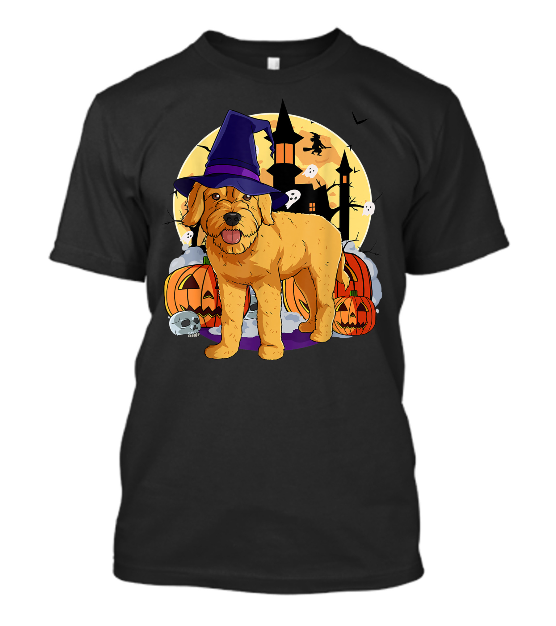 Happy Halloween Goldendoodle Dog Witch Hat Pumpkin Moon Haunted House Ghosts T-Shirt
