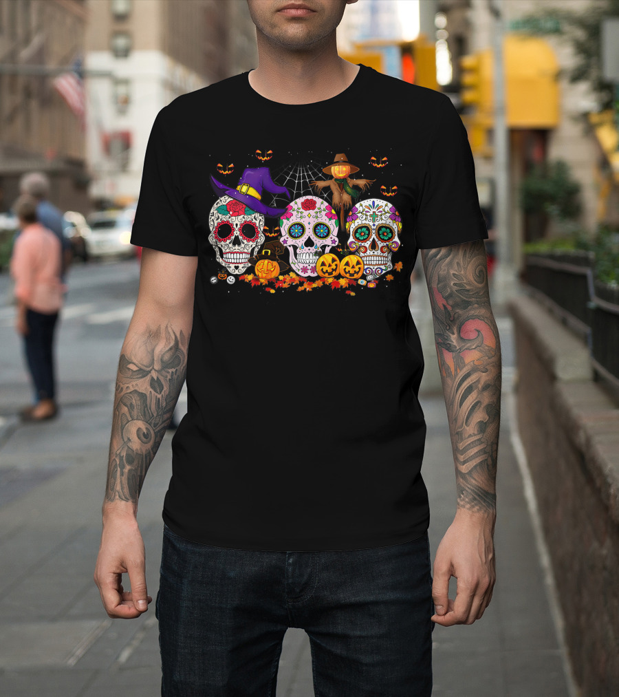 Sugar Skull Funny Halloween Pumpkin Witch Hat Autumn T-Shirt