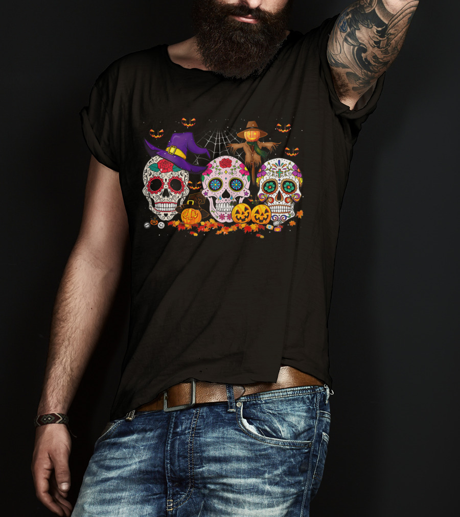Sugar Skull Funny Halloween Pumpkin Witch Hat Autumn T-Shirt