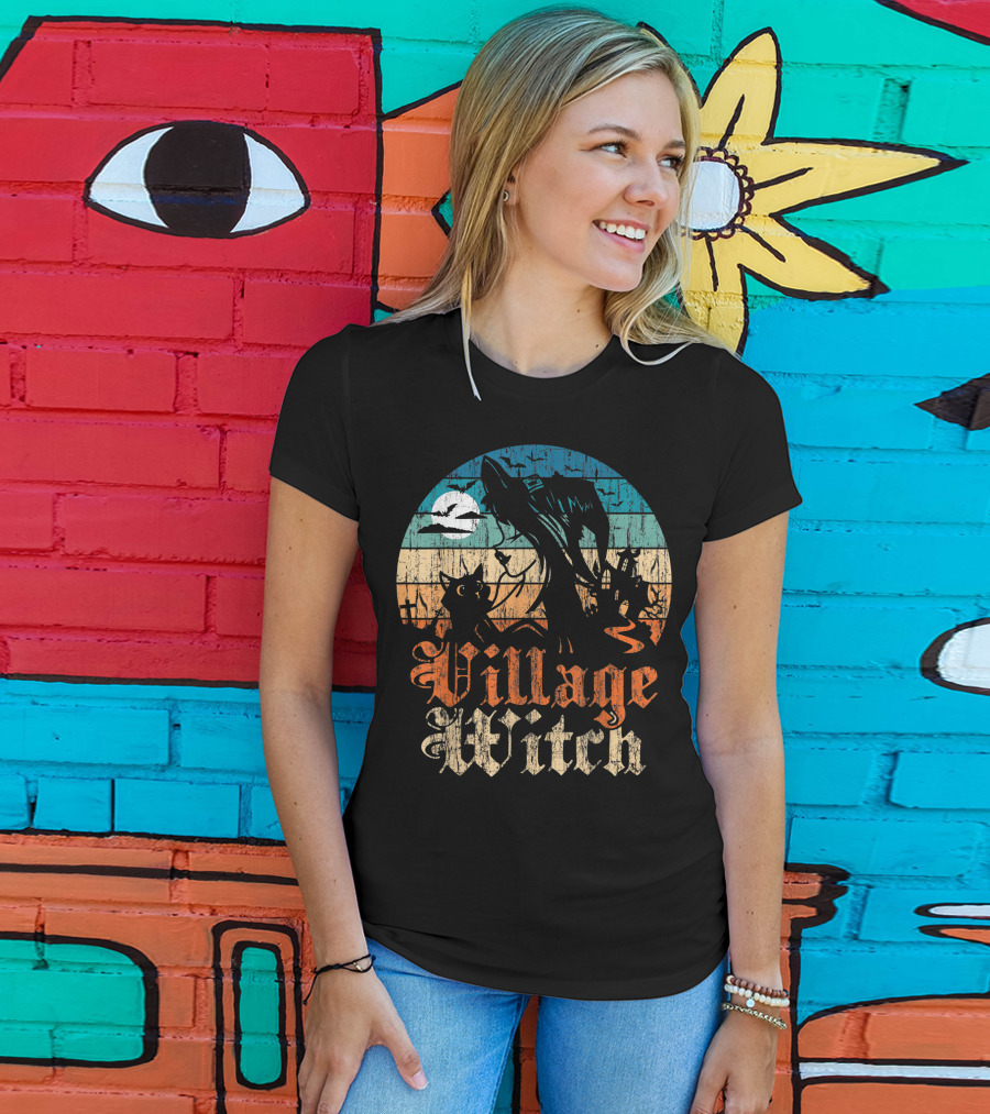 Village Witch Cat Silhouette Moon Sunset T-Shirt