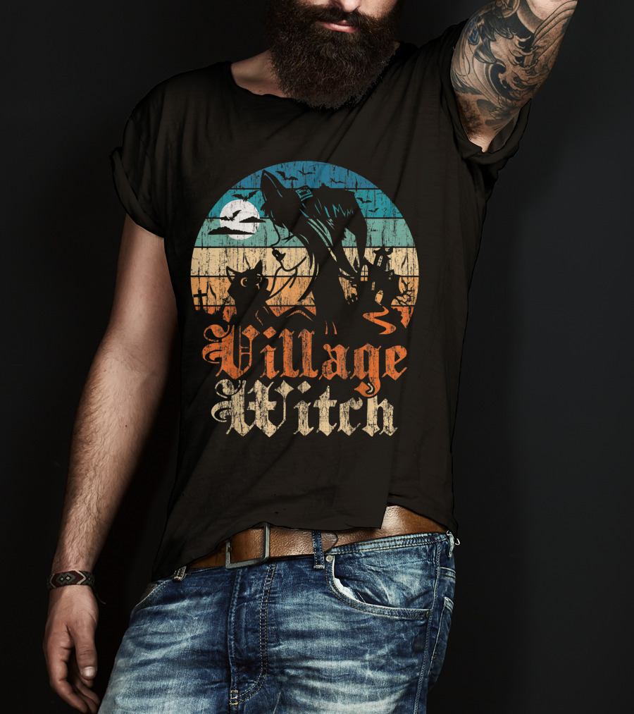 Village Witch Cat Silhouette Moon Sunset T-Shirt