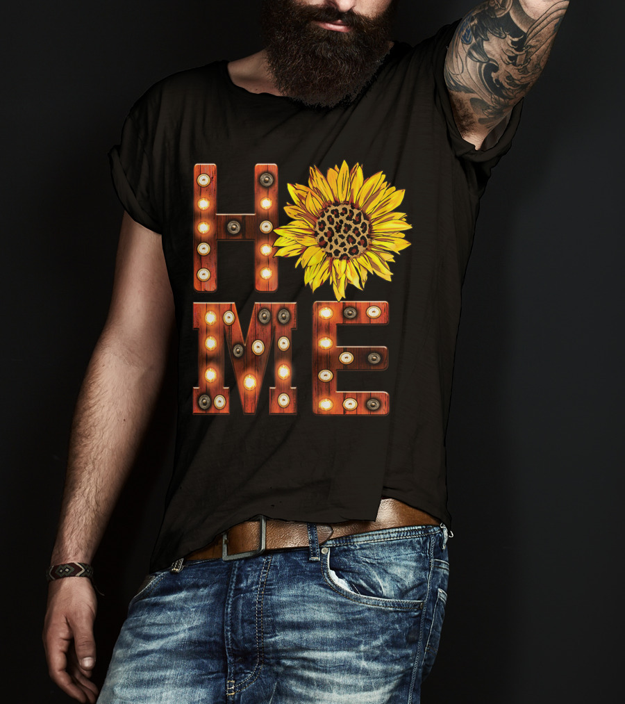 Sunflower Marquee Letters Home Word With Leopard Center Halloween Fall Pumpkins Colorful T-Shirt