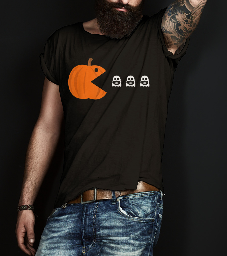 Pac-Man Pumpkin Eating Ghosts Funny Halloween Men's T-Shirt