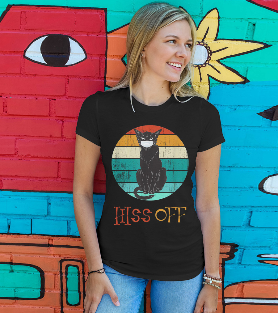 Hiss Off Black Kitty With Mask And Retro Stripes T-Shirt