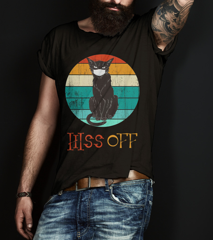 Hiss Off Black Kitty With Mask And Retro Stripes T-Shirt