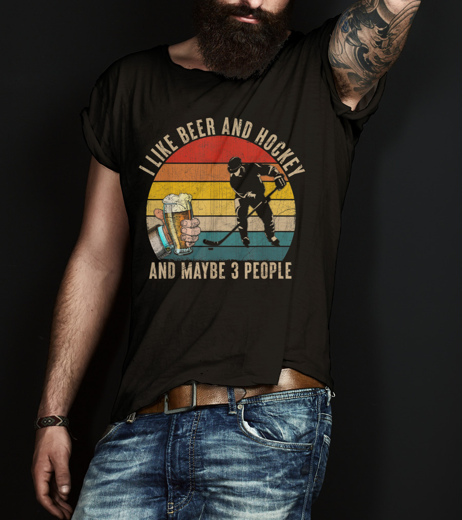 I Like Beer And Hockey And Maybe 3 People Vintage Retro T-Shirt