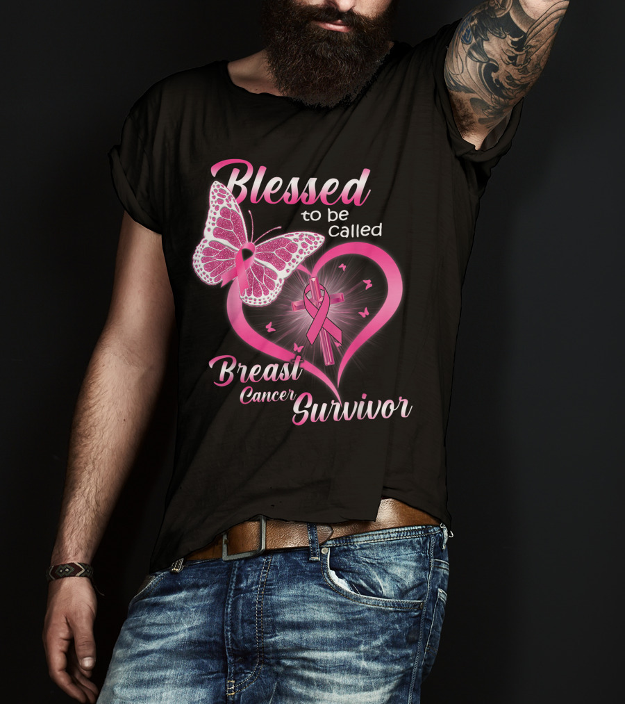 Blessed To Be Called Breast Cancer Survivor Pink Butterfly And Ribbon Heart T-Shirt