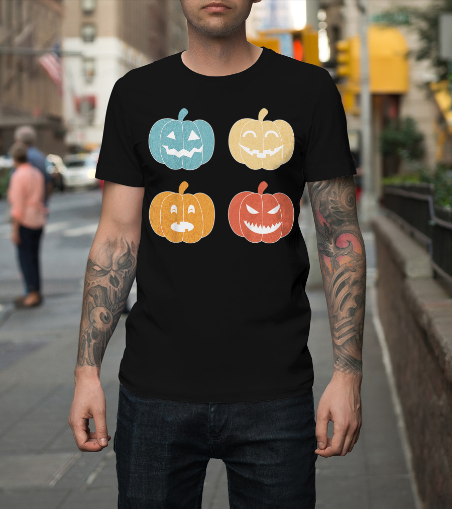 Vintage Halloween Colorful Pumpkin Faces T-Shirt
