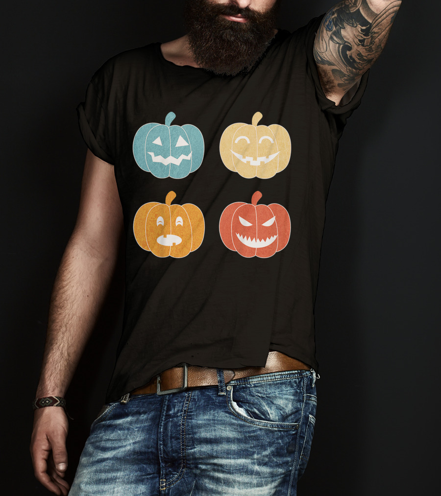 Vintage Halloween Colorful Pumpkin Faces T-Shirt