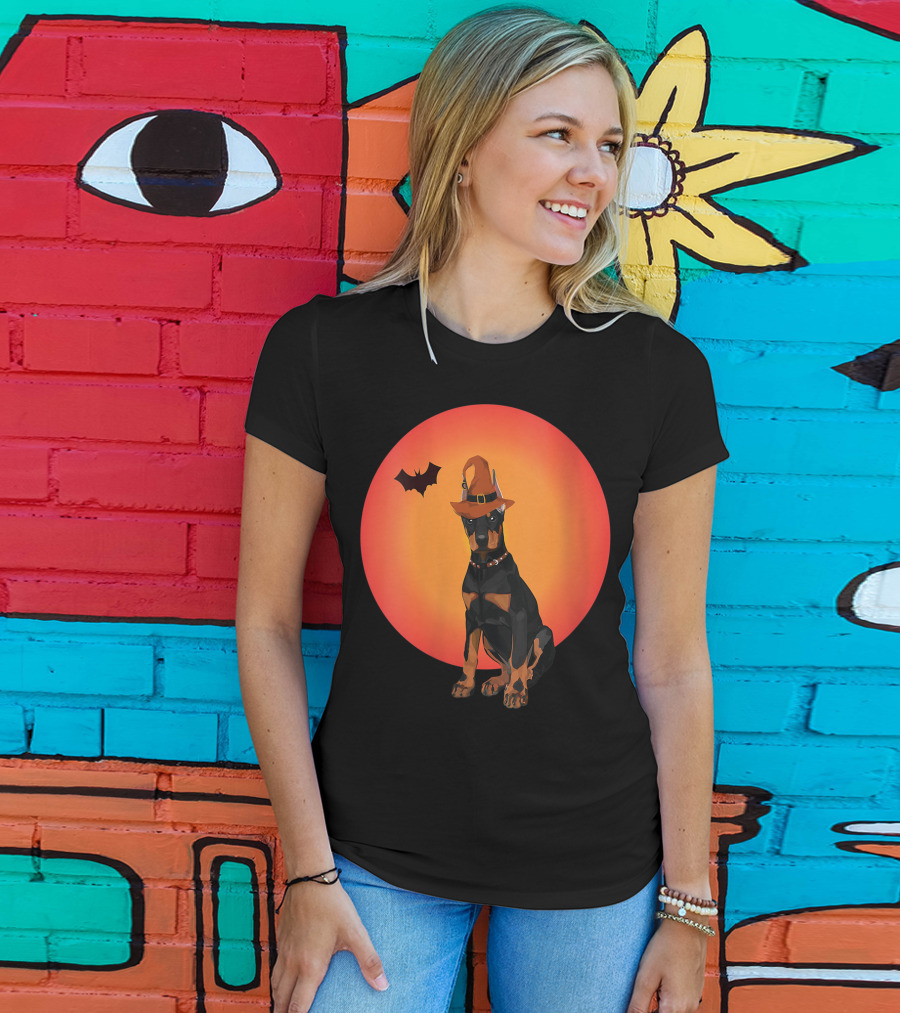 Women Doberman Dog Halloween Witch Hat Puppy And Animal Lovers T-Shirt