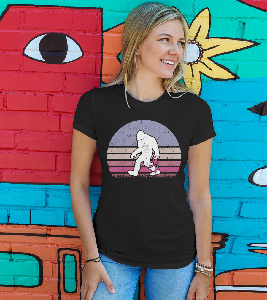 Vintage Bigfoot Breast Cancer Awareness Pink Ribbon Retro Stripes T-Shirt