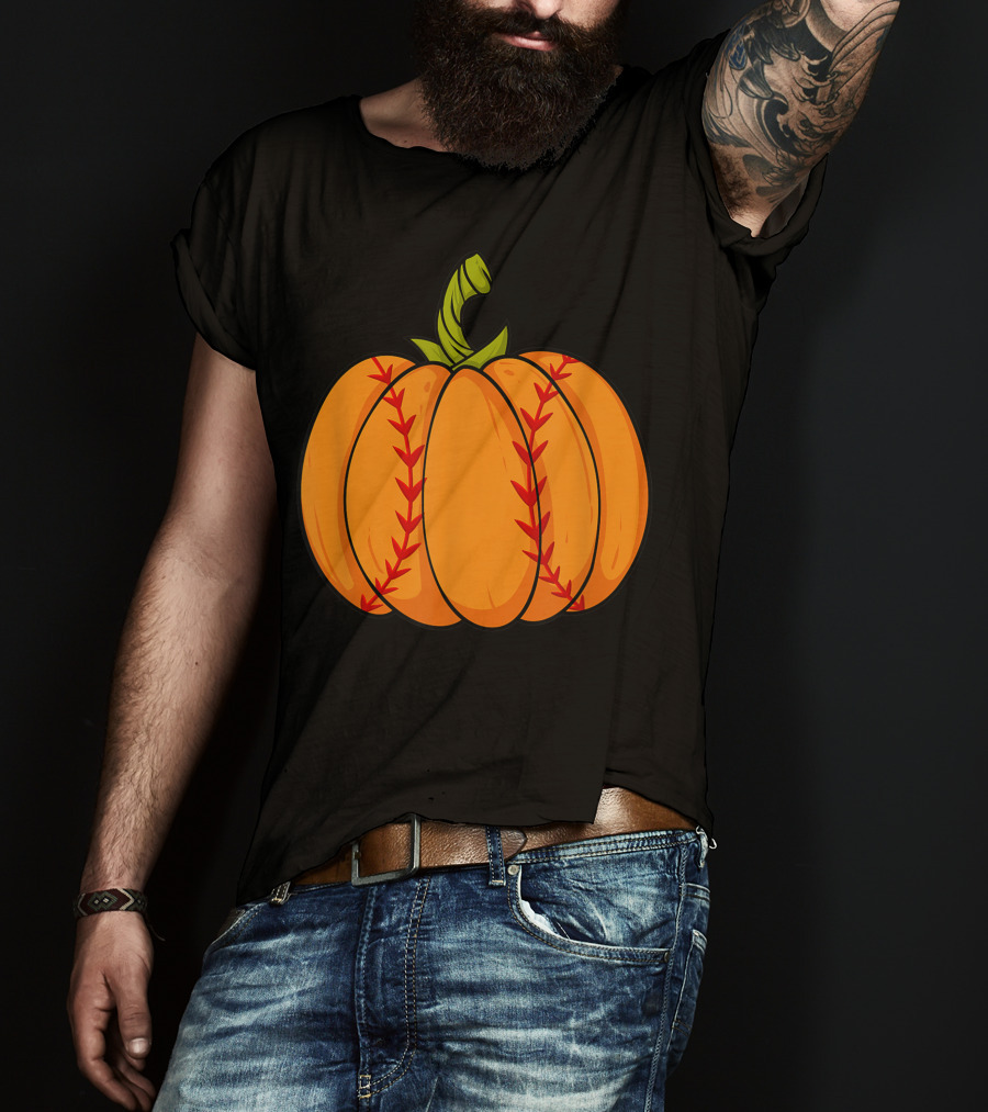 Thanksgiving Baseball Halloween Pumpkin Boys Pitcher Catcher Colorful Stitched T-Shirt