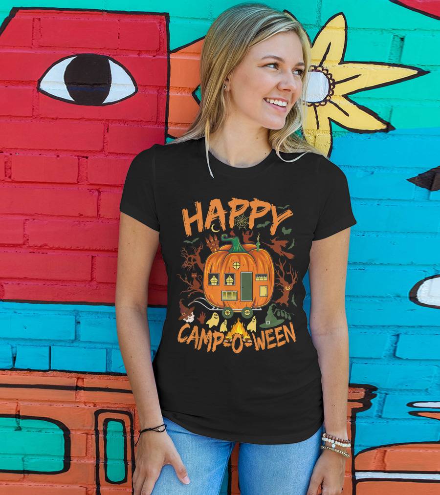 Happy Camp O Ween Halloween Camping Camper With Pumpkin, Ghosts, And Witch Hat T-Shirt
