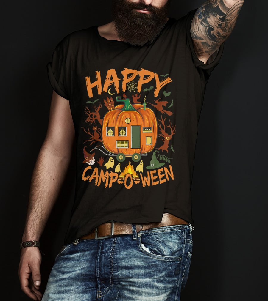 Happy Camp O Ween Halloween Camping Camper With Pumpkin, Ghosts, And Witch Hat T-Shirt