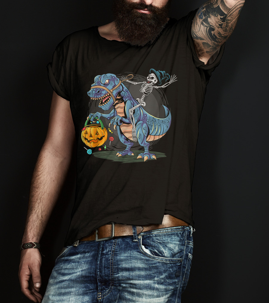 Skeleton With Candy Pumpkin Riding Rex Halloween T-Shirt
