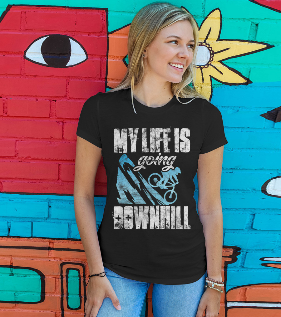 My Life Is Going Downhill Funny Mountain Biking Graphic With Cyclist And Mountain T-Shirt