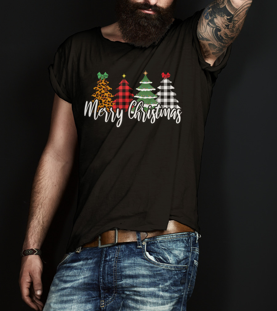 Merry Christmas Leopard Print Buffalo Plaid Holiday Trees T-Shirt