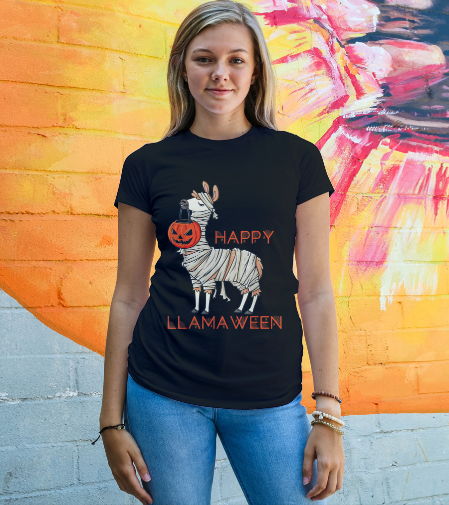 Halloween Llama Mummy Holding Pumpkin Happy Llamaween T-Shirt