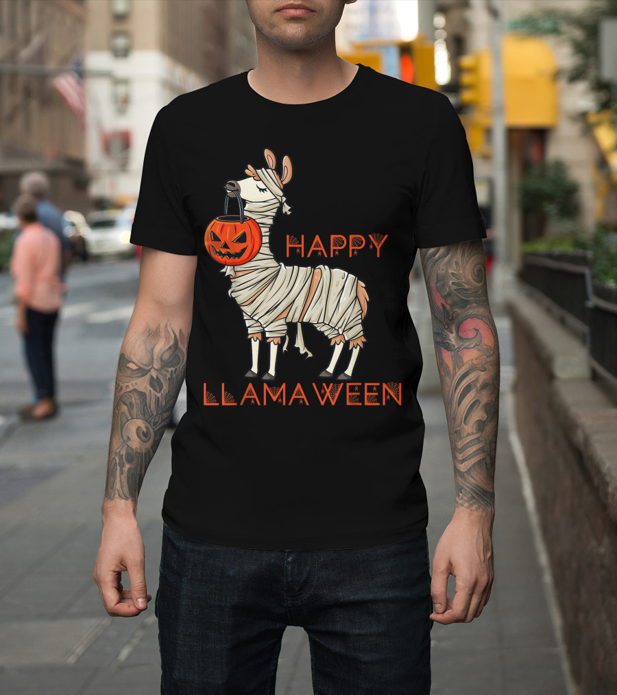 Halloween Llama Mummy Holding Pumpkin Happy Llamaween T-Shirt