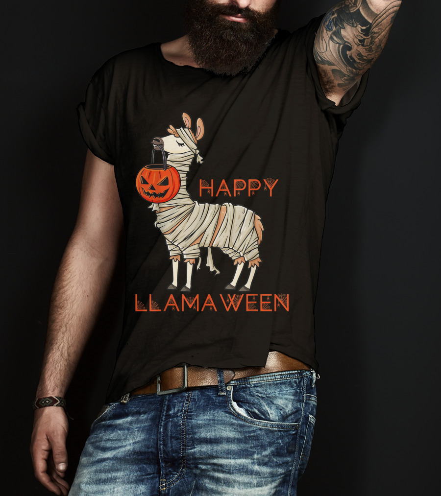 Halloween Llama Mummy Holding Pumpkin Happy Llamaween T-Shirt