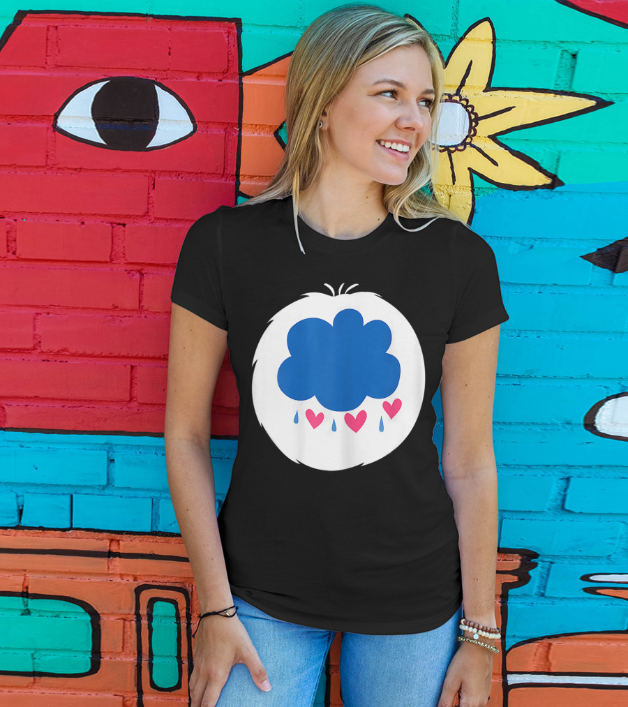 Grumpy Care Bear Blue Cloud With Hearts And Raindrops T-Shirt