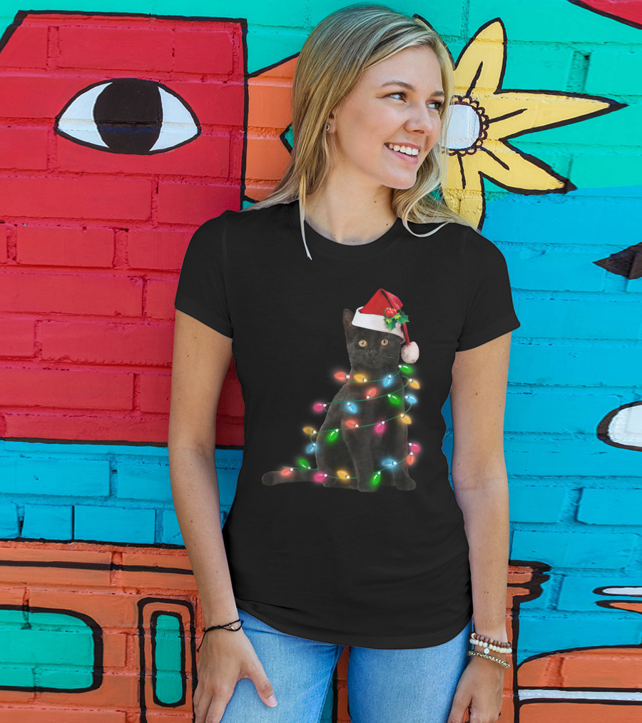 Black Cat In Christmas Lights With Santa Hat For Funny Cat Lover T-Shirt