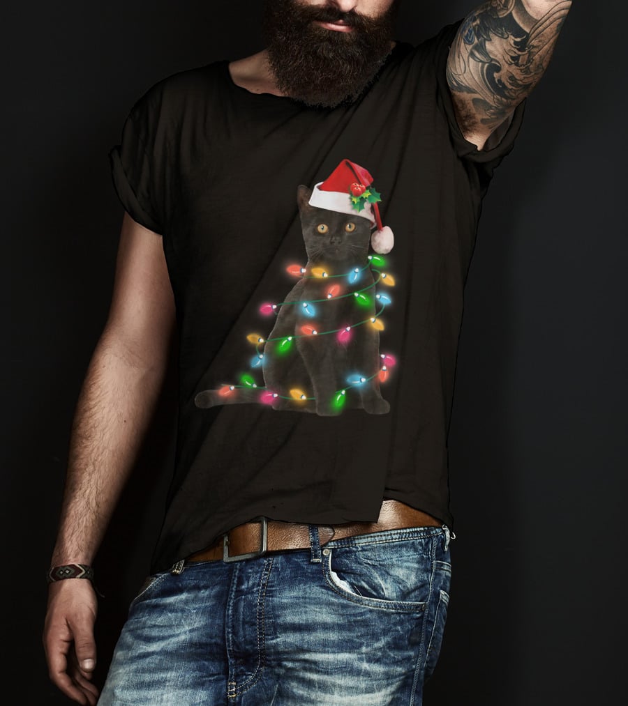 Black Cat In Christmas Lights With Santa Hat For Funny Cat Lover T-Shirt