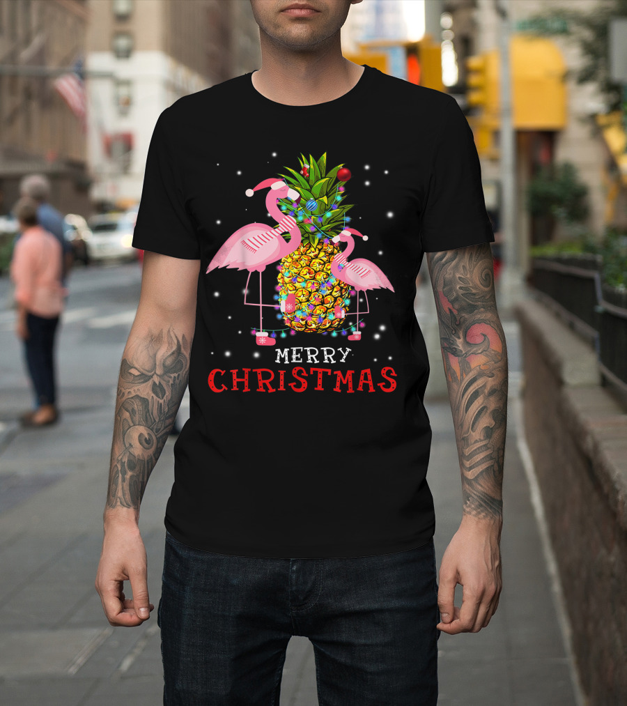 Merry Christmas Flamingo Pineapple with Xmas Lights T-Shirt