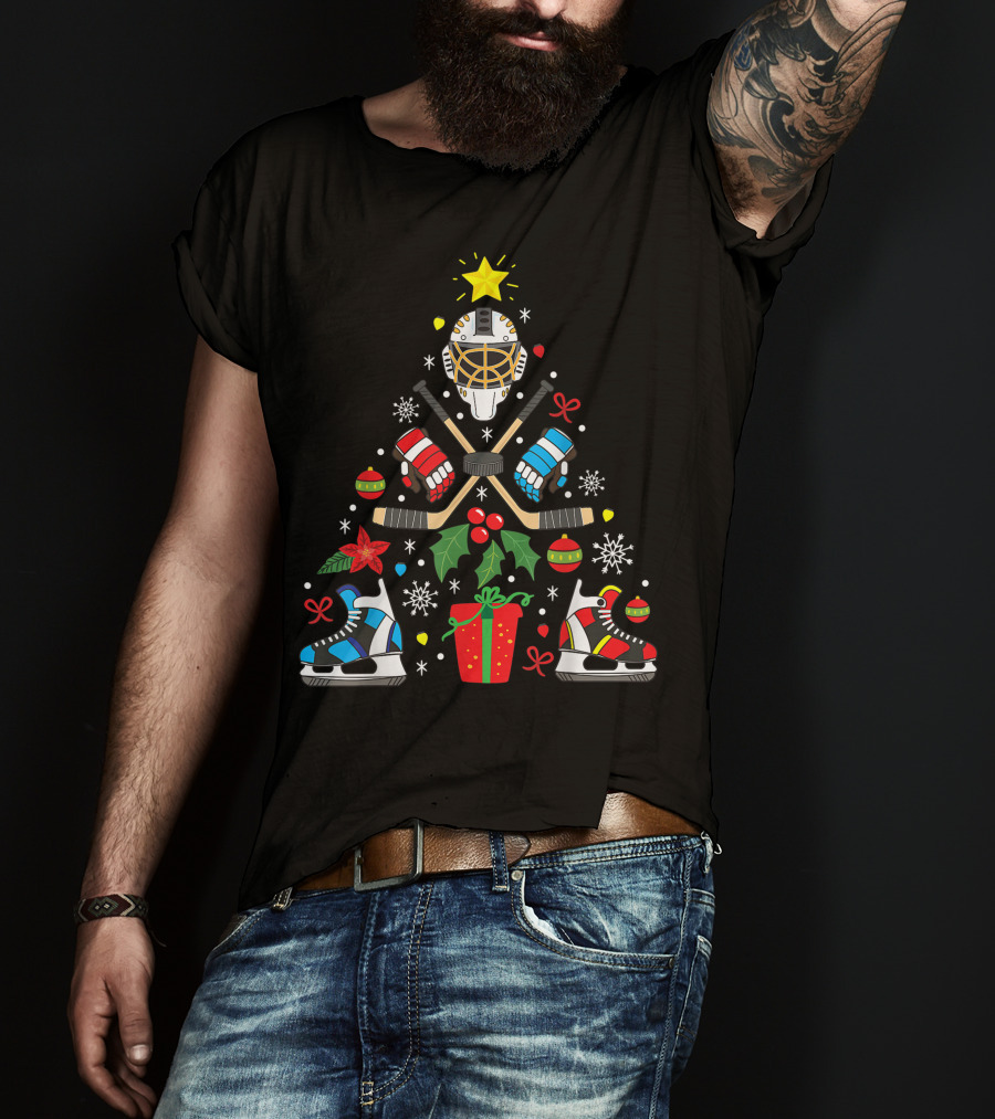 Ice Hockey Christmas Ornament Tree With Skates And Goalie Mask T-Shirt