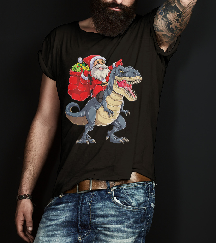 Santa Claus Riding T-Rex With Gifts T-Shirt