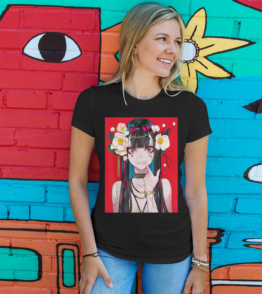 Anime Girl Japanese Aesthetic Otaku Red Background Flowers T-Shirt