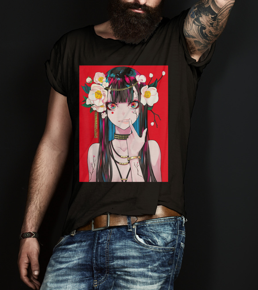 Anime Girl Japanese Aesthetic Otaku Red Background Flowers T-Shirt