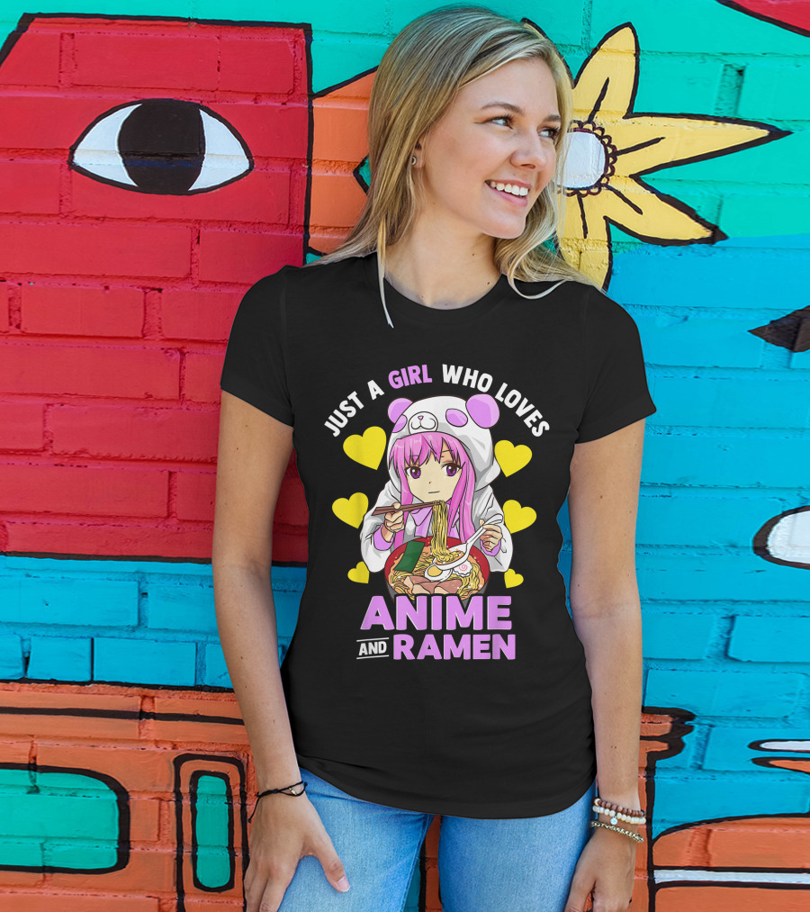 Just A Girl Who Loves Anime And Ramen Panda Hoodie Pink Hair T-Shirt