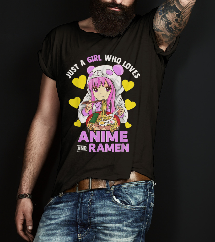 Just A Girl Who Loves Anime And Ramen Panda Hoodie Pink Hair T-Shirt