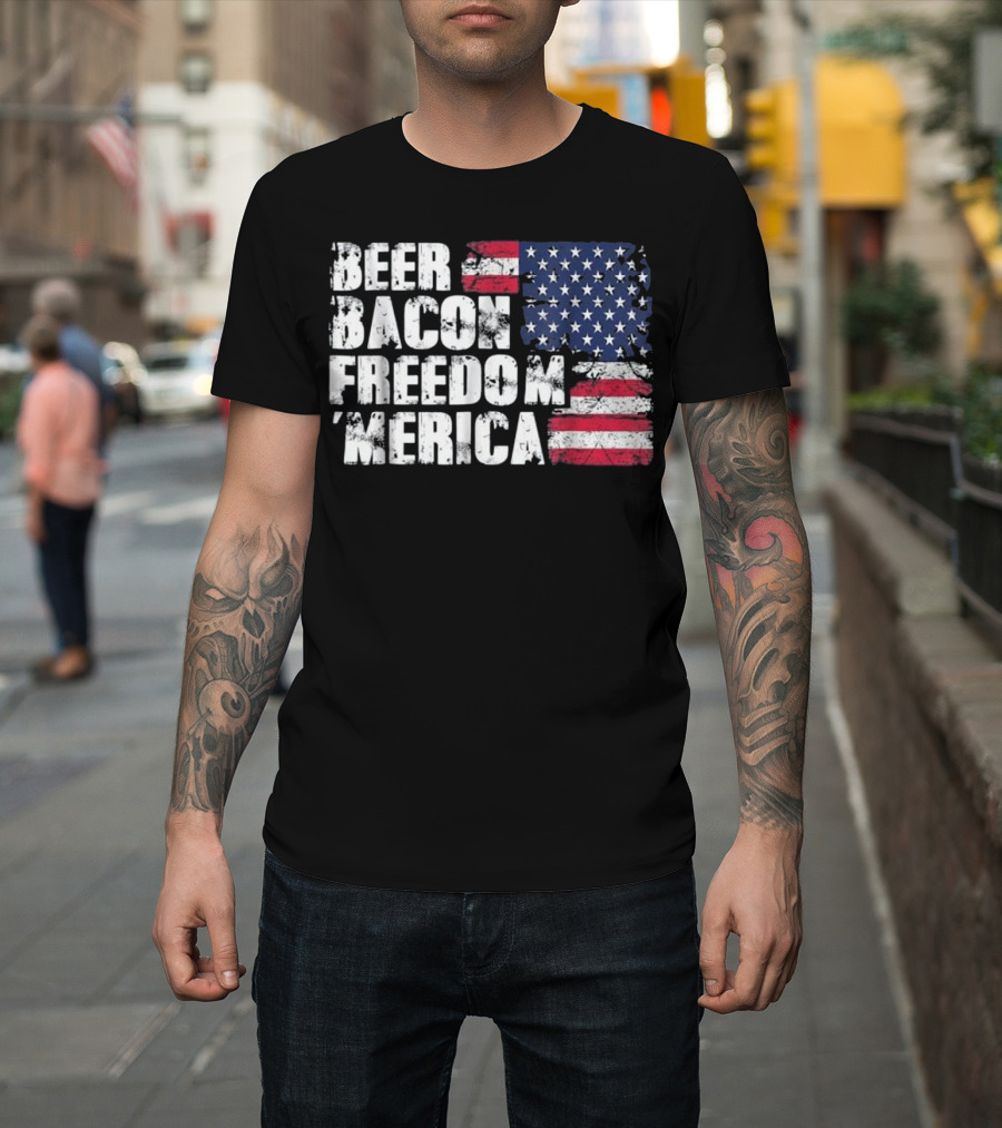 Beer Bacon Freedom Merica American Flag Patriotic T-Shirt