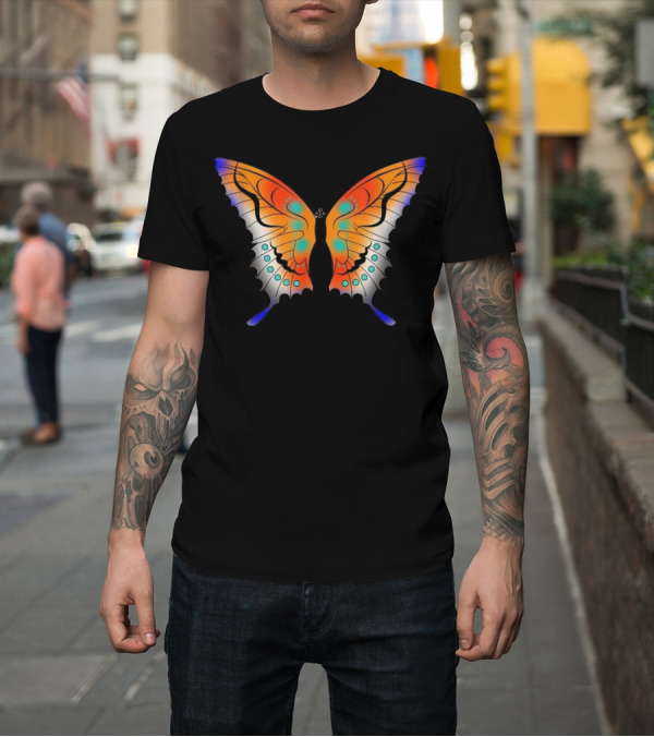 Shirt: Vibrant Multicolored Butterfly Artwork with Orange and Blue Accents T-Shirt Vibrant Multicolored Butterfly Artwork with Orange and Blue Accents T-Shirt