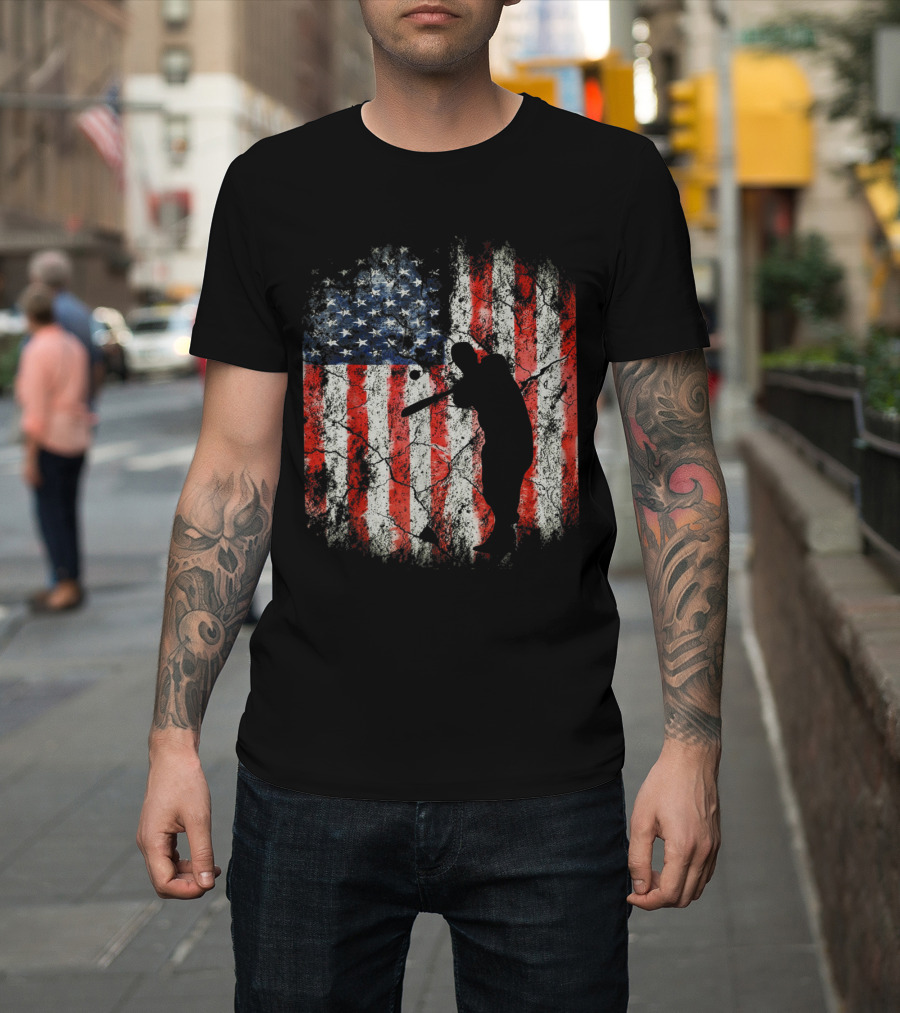 Baseball American USA Flag Batter Silhouette T-Shirt