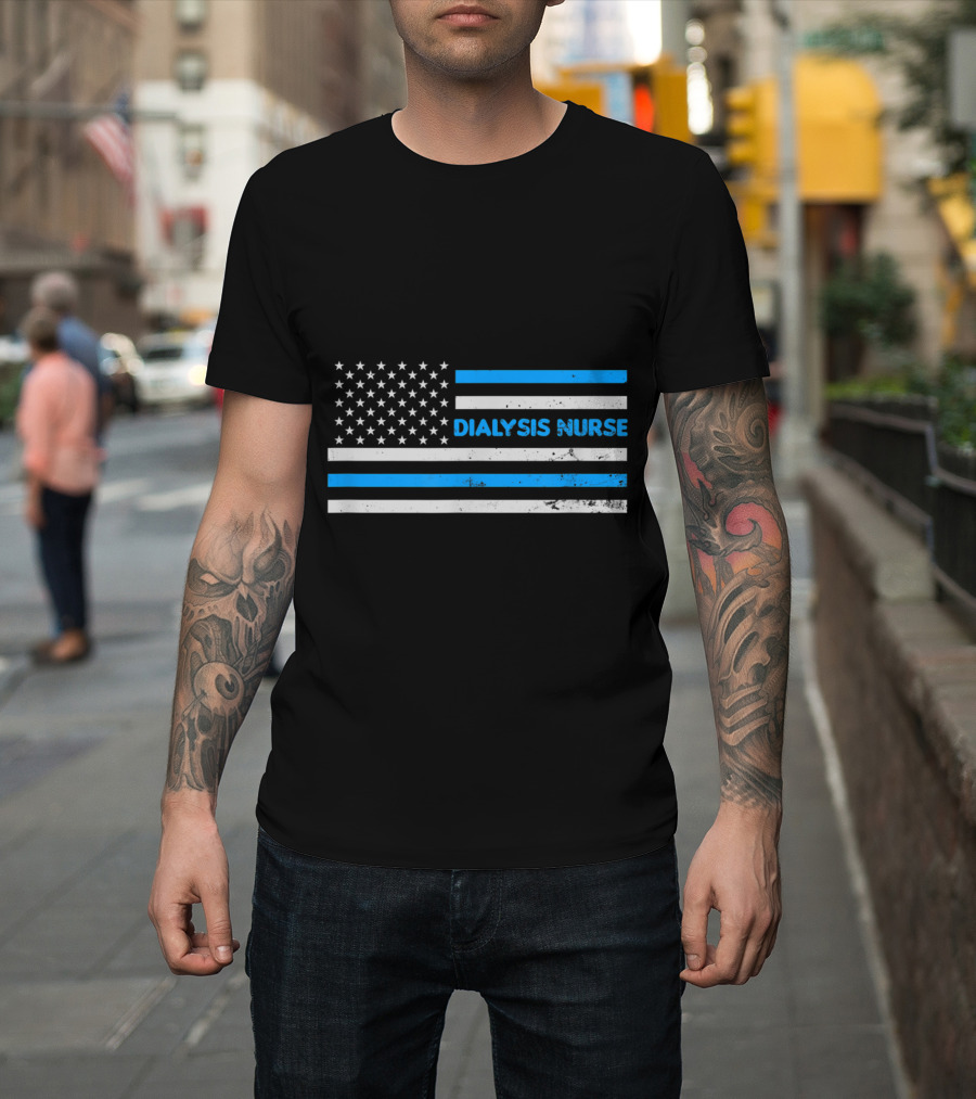 Dialysis Nurse American Flag Black and Blue Patriotic T-Shirt