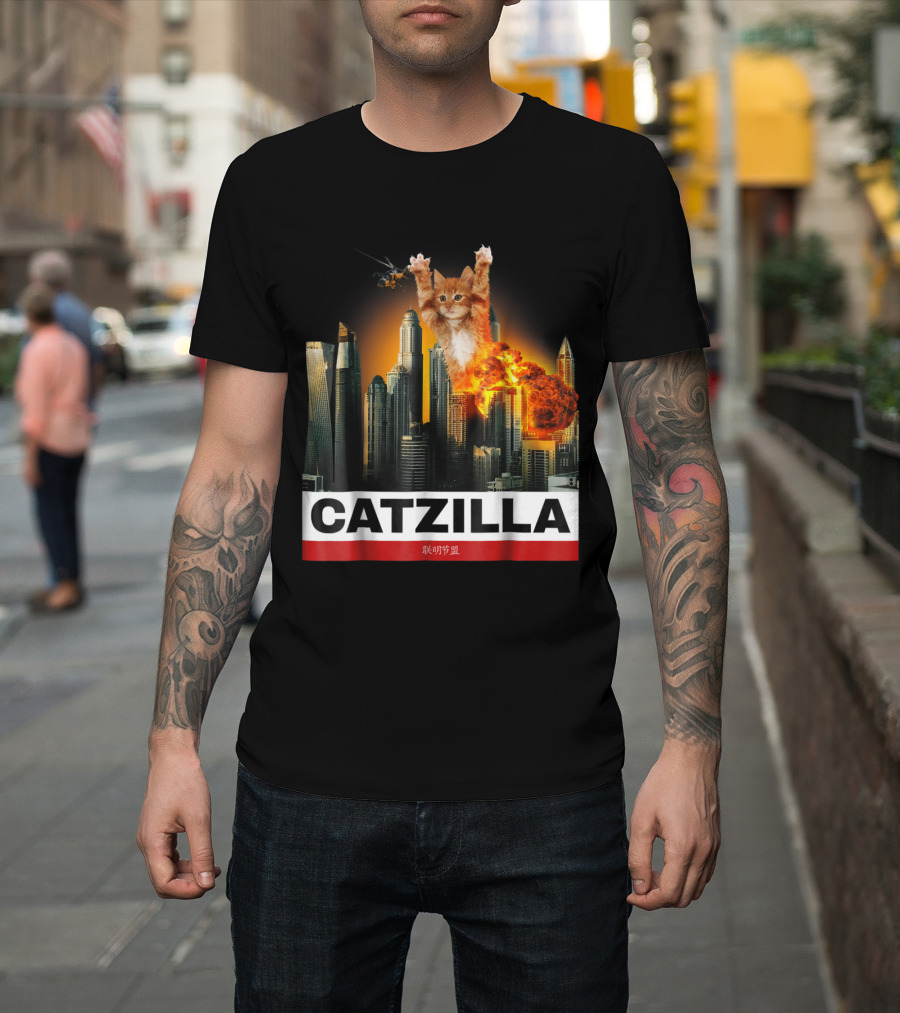 Catzilla Funny Kitty with Helicopter and Explosions in City Skyline T-Shirt