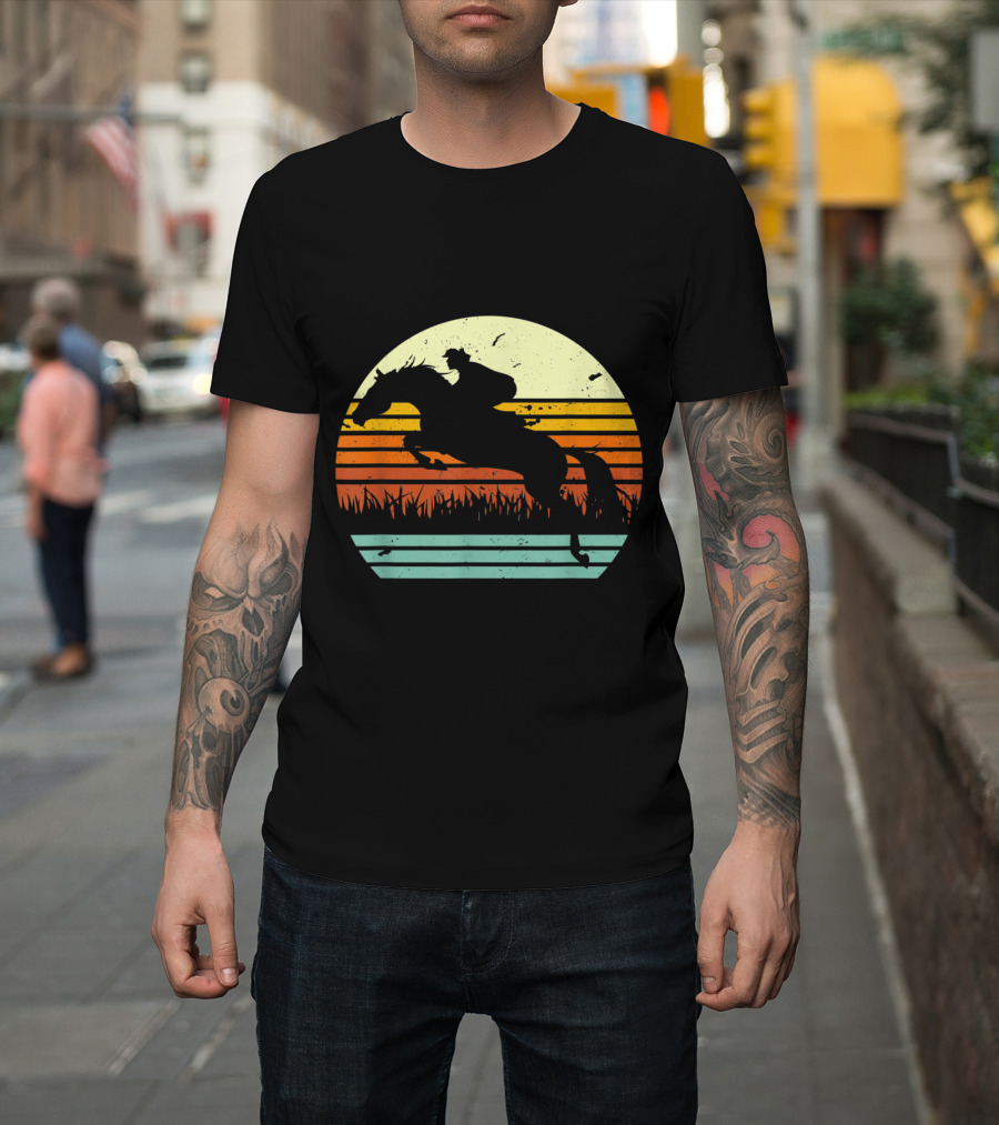 Retro Horse and Rider Show Jumping Silhouette with Sunset Stripes T-Shirt
