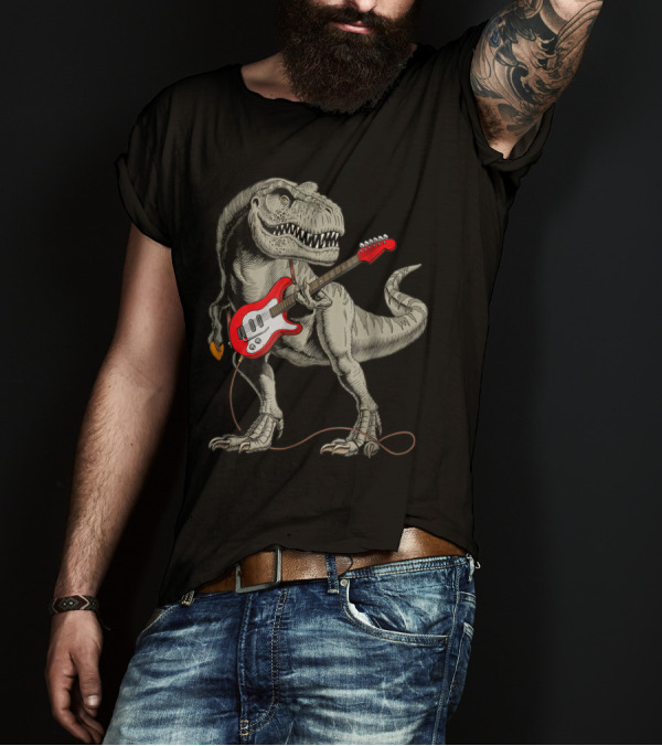 Tyrannosaurus Rex Dinosaur Playing Red Electric Guitar T-Shirt