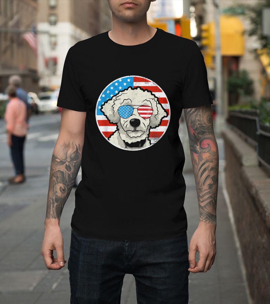 4th of July American Flag Sunglasses Poodle Dog T-Shirt