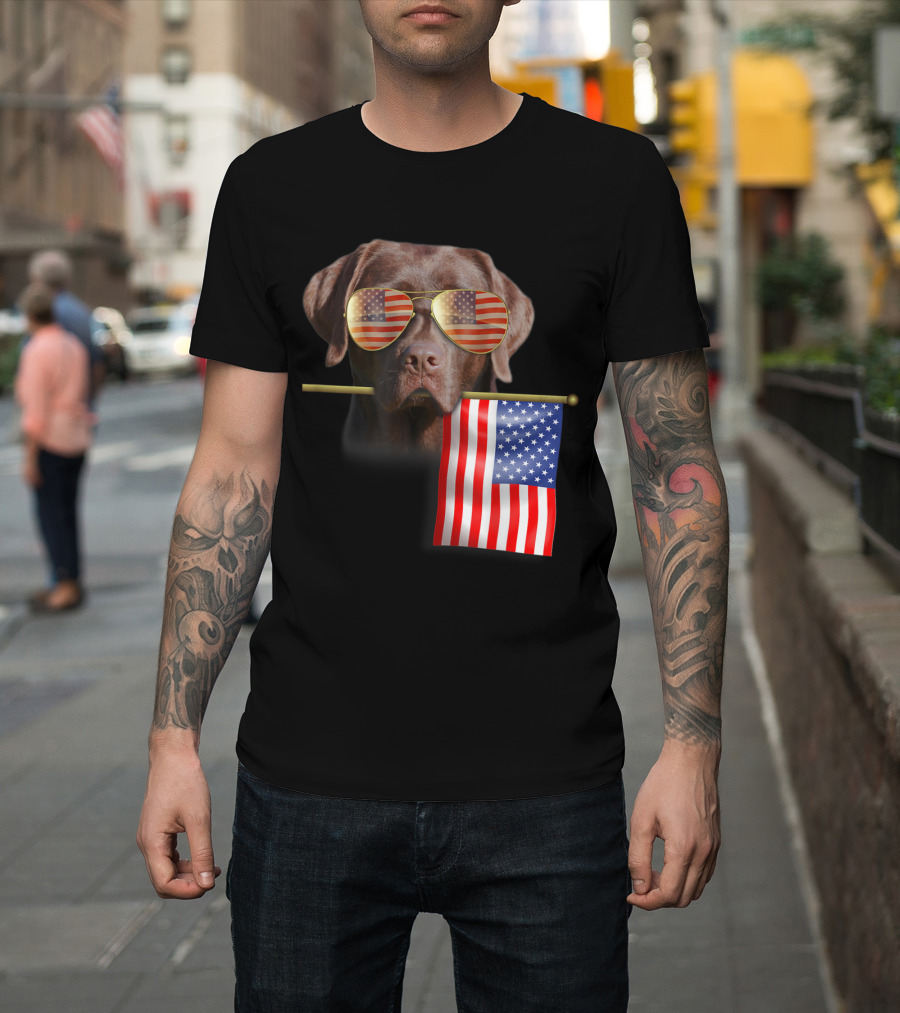 Dog with American Flag Sunglasses Holding Flag for 4th of July Fun T-Shirt