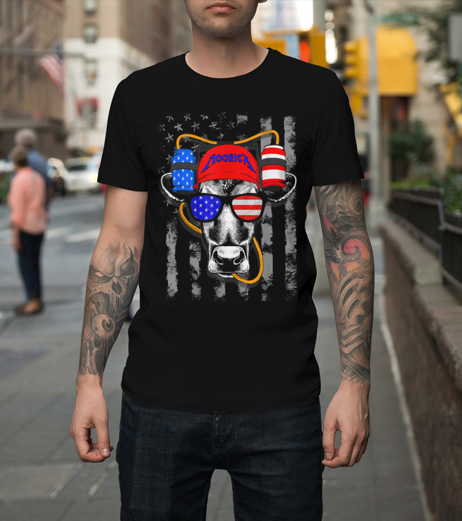 American Flag Heifer with Patriotic Beer Hat and Sunglasses T-Shirt